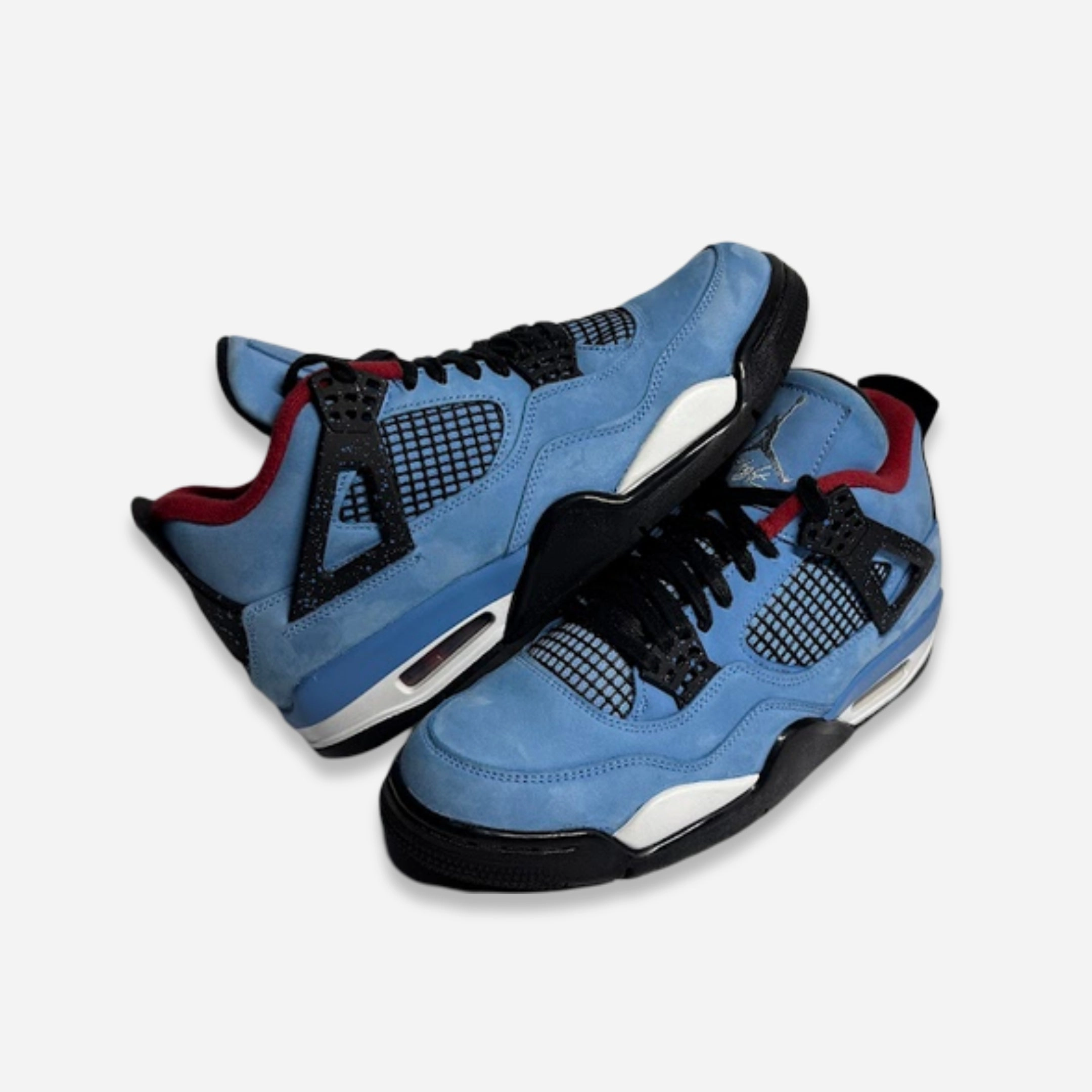 [PRE-LOVED: Size 8.5M / 10W] (Men's) Air Jordan 4 Retro x Travis Scott 'Cactus Jack UNC University Blue' (2018) 308497-406 Air Jordan 4 sneakers with visible air unit