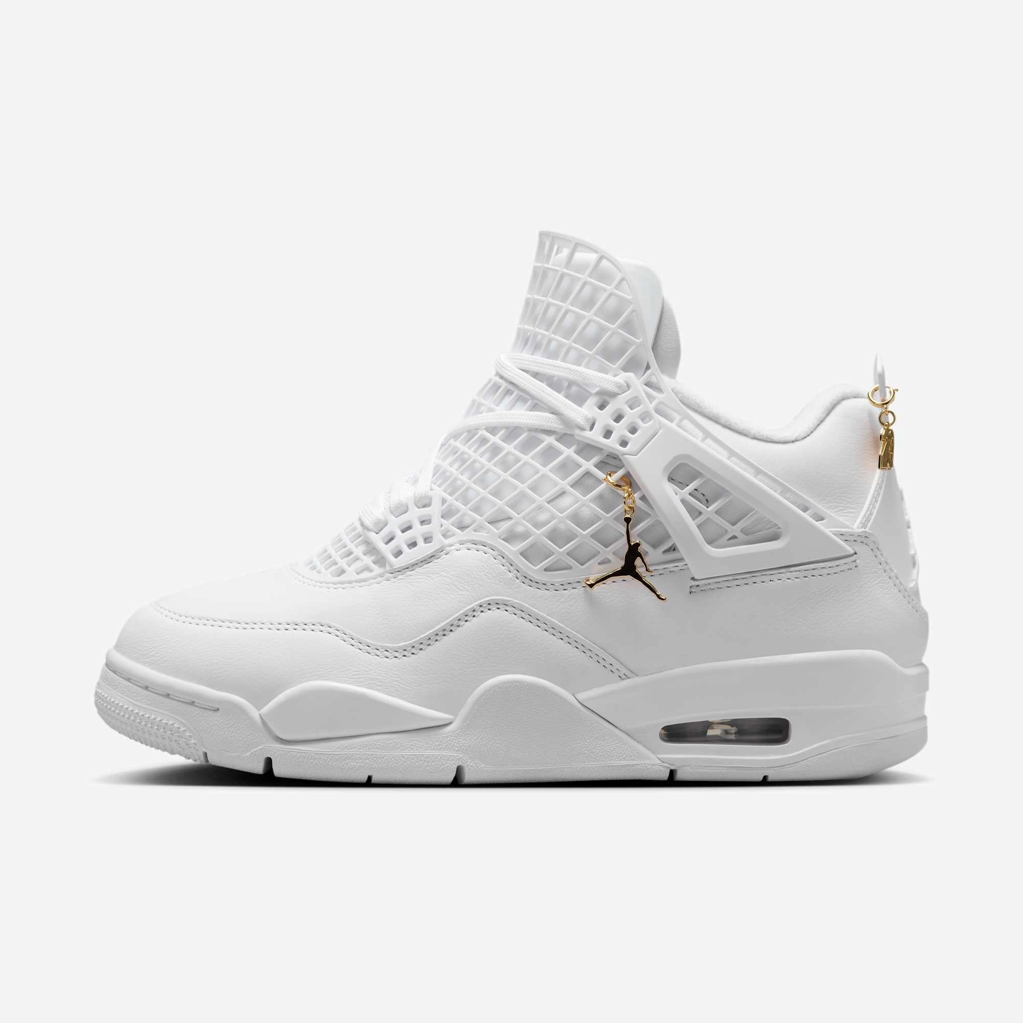 (Women's) Air Jordan 4 Retro NET 'White / Metallic Gold' (2024) FN7251-107 Air Jordan 4 sneakers with visible air unit