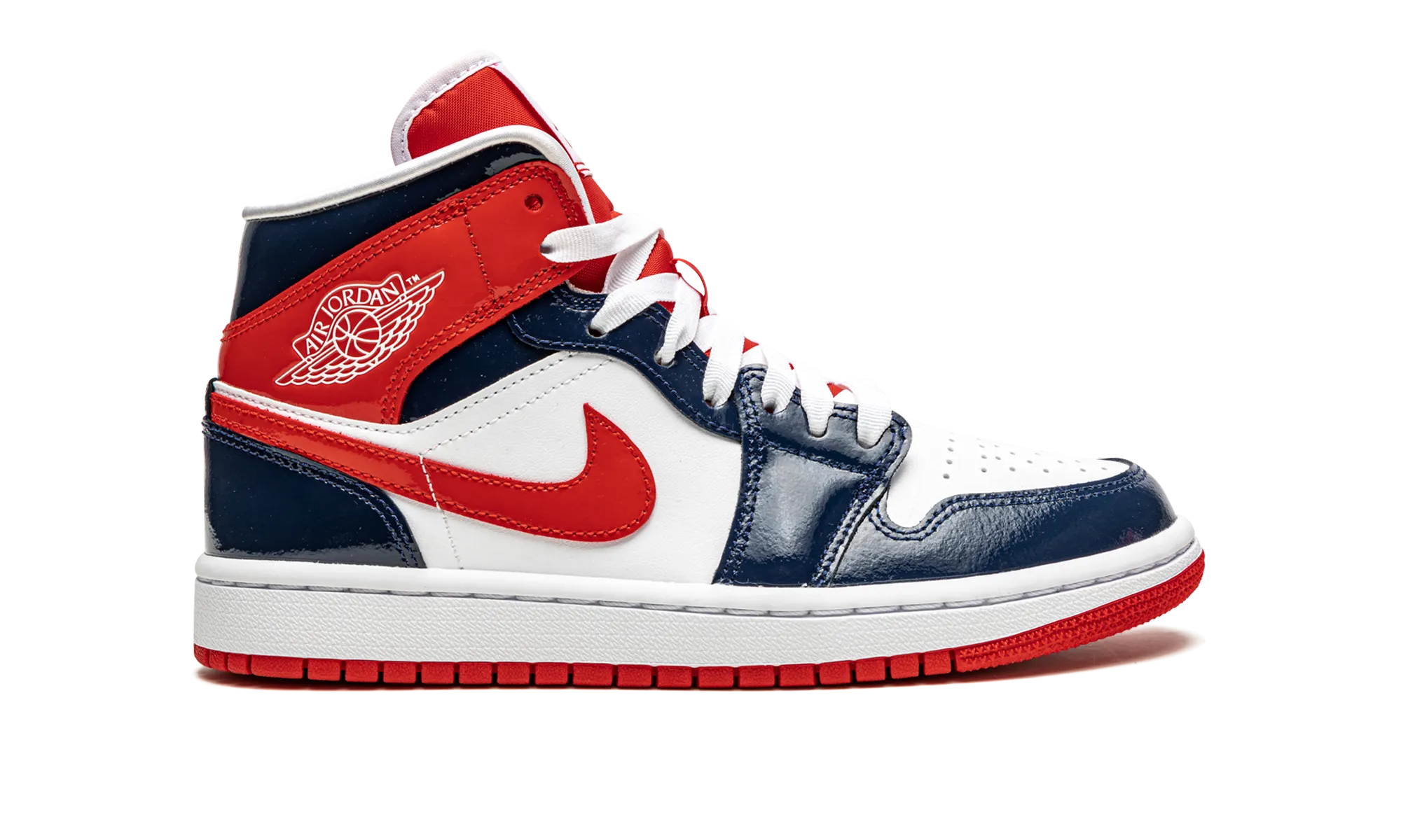 AIR JORDAN 1 MID WMNS "Patent Leather Navy / White / Red" jordan classic womens shoes