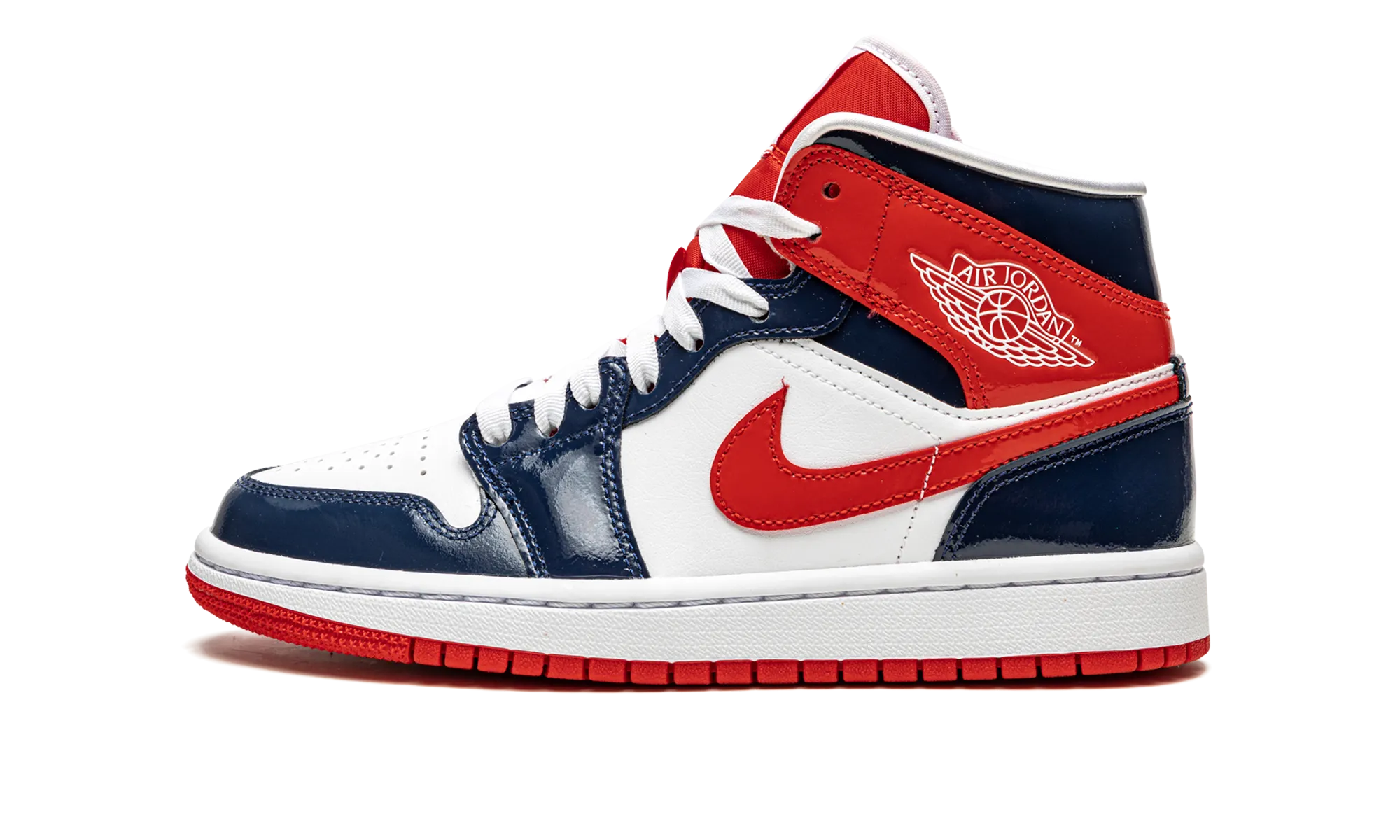AIR JORDAN 1 MID WMNS "Patent Leather Navy / White / Red" jordan classic womens shoes