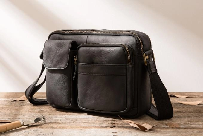 Black Cool Small Leather Mens Messenger Bags Shoulder Bags for Men