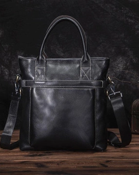 Black Leather Mens Vertical Work Bag Handbag Vertical Black Small Briefcase Shoulder Bag For Men