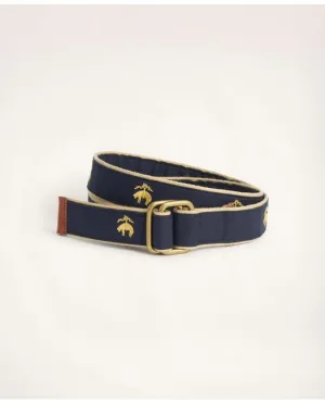 Brooks Brothers Men's Embroidered Leather Tab D-Ring Belt Navy Brooks Brothers