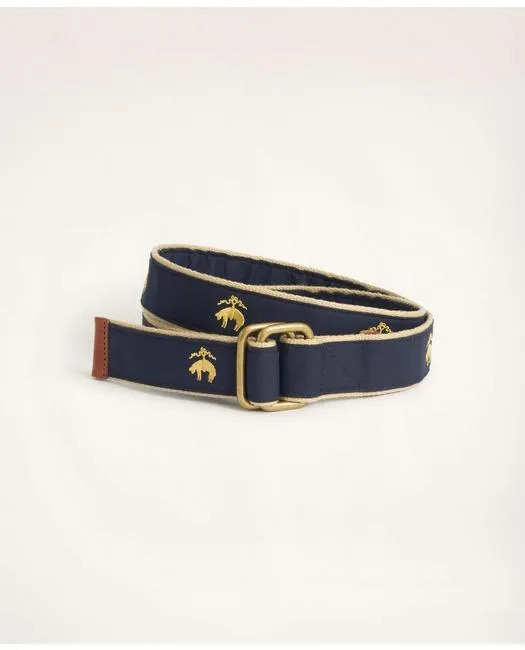Brooks Brothers Men's Embroidered Leather Tab D-Ring Belt Navy Brooks Brothers