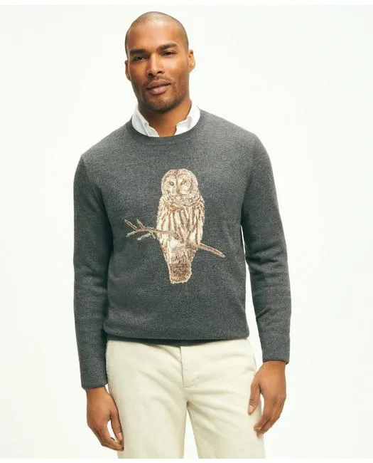Brooks Brothers Men's Merino Wool Cashmere Owl Intarsia Sweater Brown Brooks Brothers
