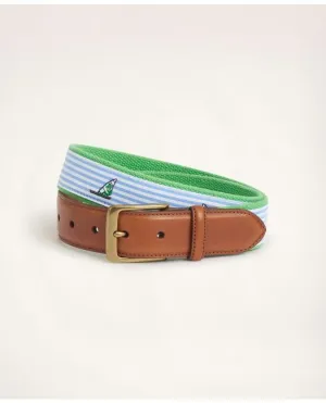 Brooks Brothers Men's Seersucker Leather Tab Webbed Belt Blue Brooks Brothers
