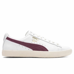 Clyde Base - White/Wood Violet/Team Gold Puma shoes with suede and modern shape