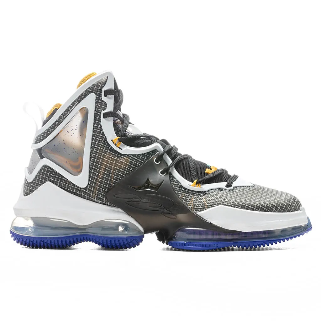 Lebron 19 - Black/University Gold/Persian Violet Nike lifestyle sneakers with retro vibe
