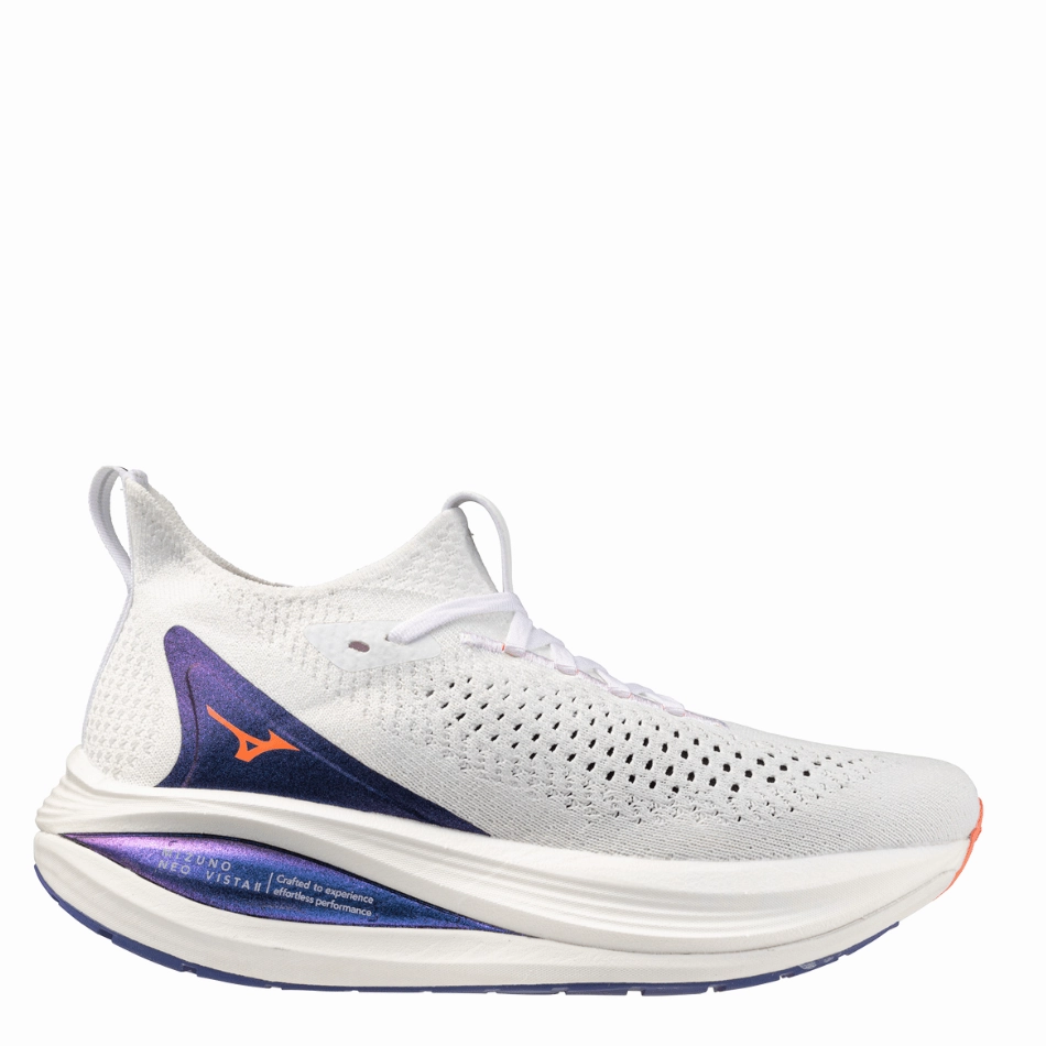 Mizuno Women's Neo Vista 2 Running Shoes in White/Striking Coral/Iris Bloom AW25 Mizuno durable running shoes for pavement