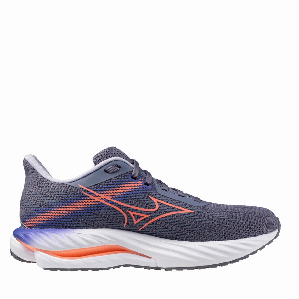 Mizuno Women's Wave Inspire 21 Running Shoes in Blue Granite/Striking Coral/Iris Bloom AW25 Mizuno durable running shoes for pavement