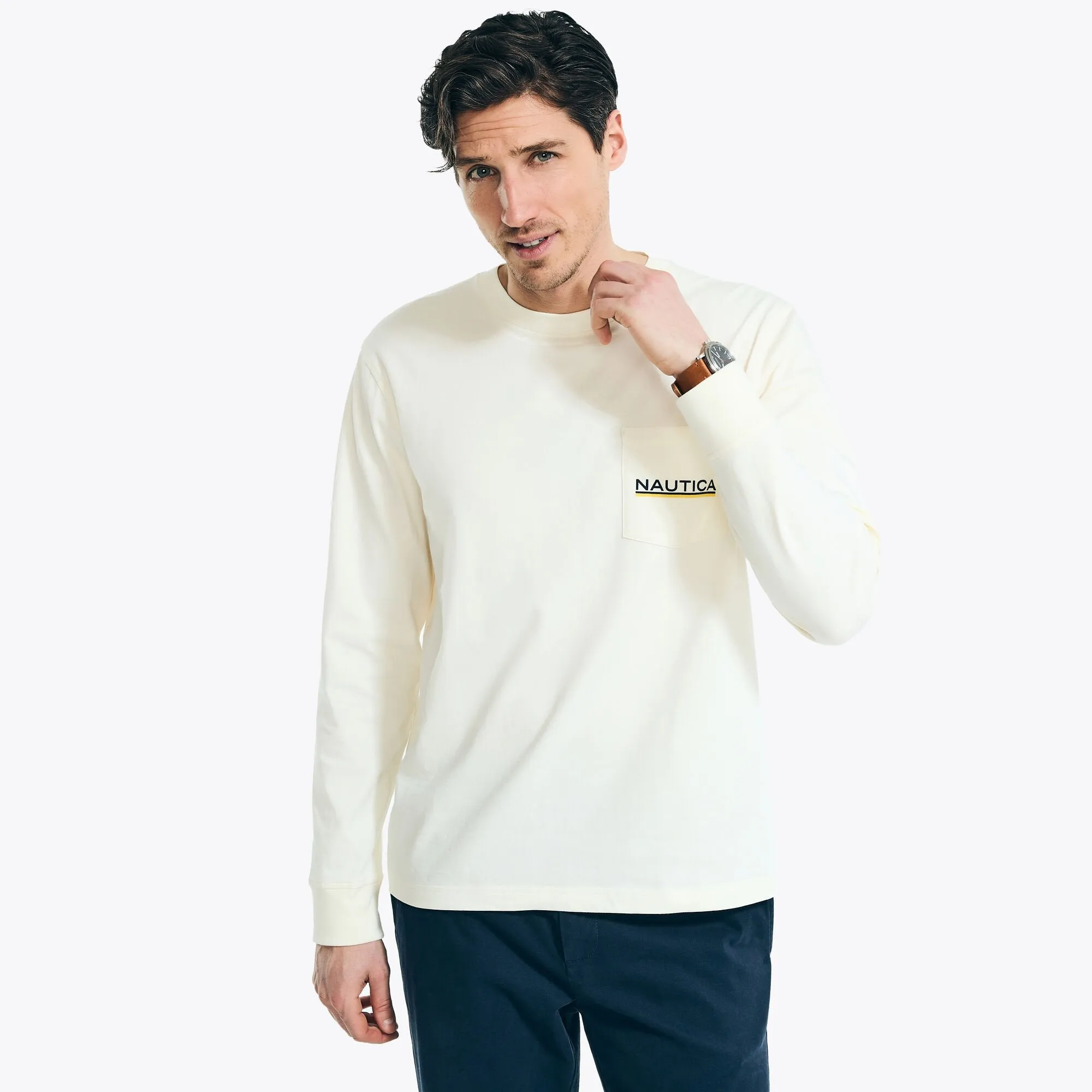 Nautica Men's 1983 Long-Sleeve Graphic Pocket T-Shirt White Cap Nautica