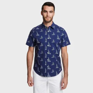 Nautica Men's Big & Tall Sailboat Print Classic Fit Stretch Poplin Shirt Blue Depths Nautica