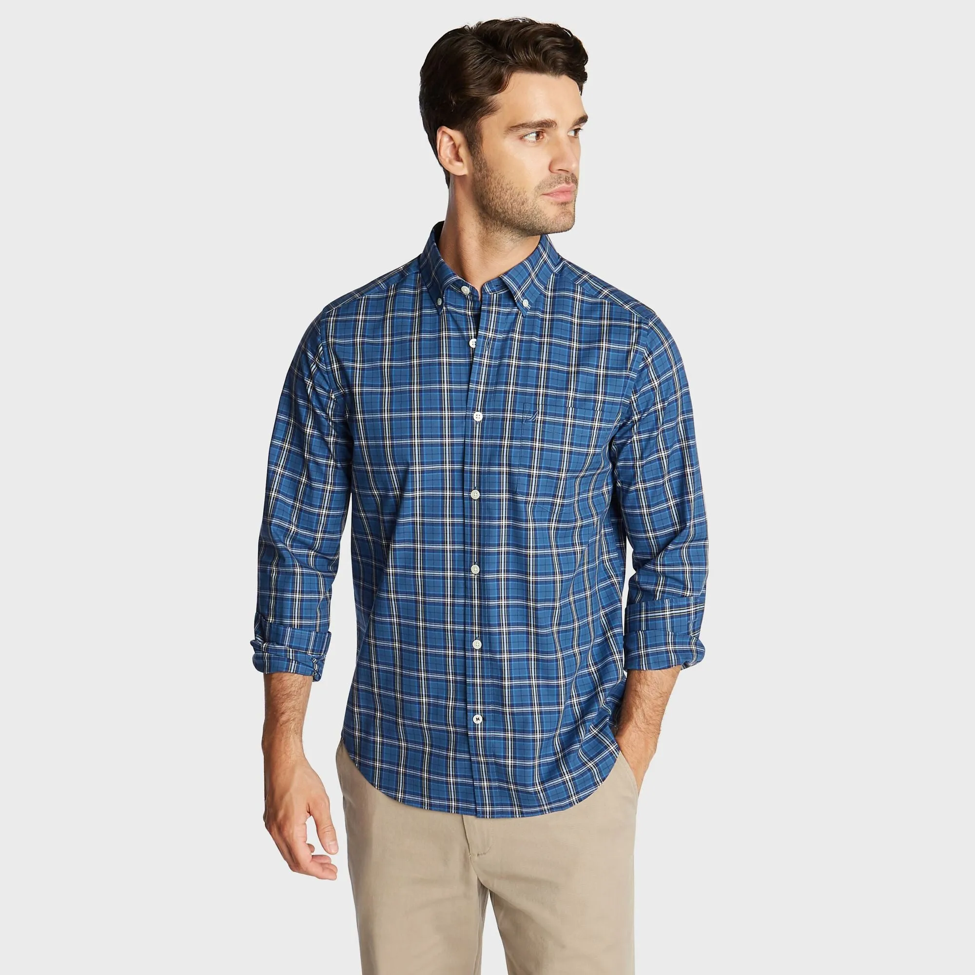 Nautica Men's Big & Tall Stretch Poplin Plaid Shirt Ensign Blue Nautica