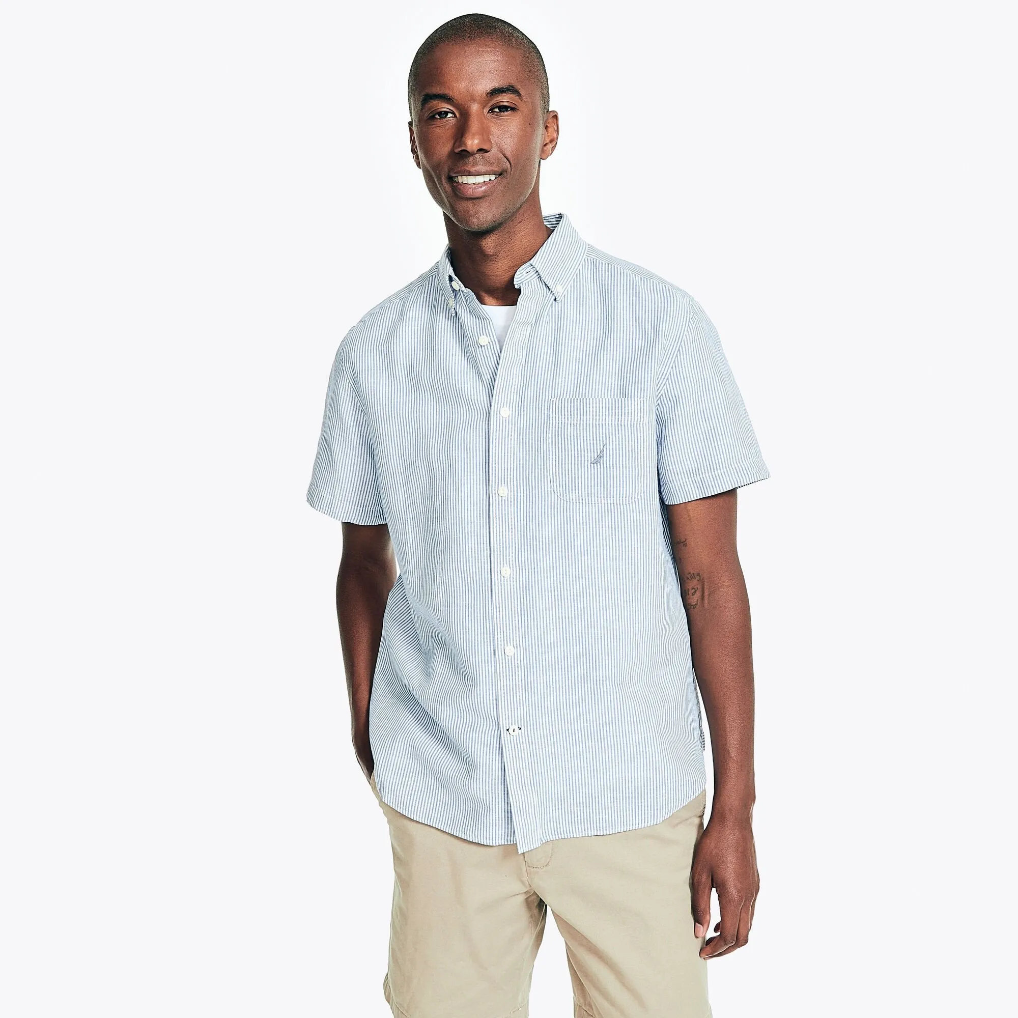 Nautica Men's Striped Linen Short-Sleeve Shirt Clear Sky Blue Nautica
