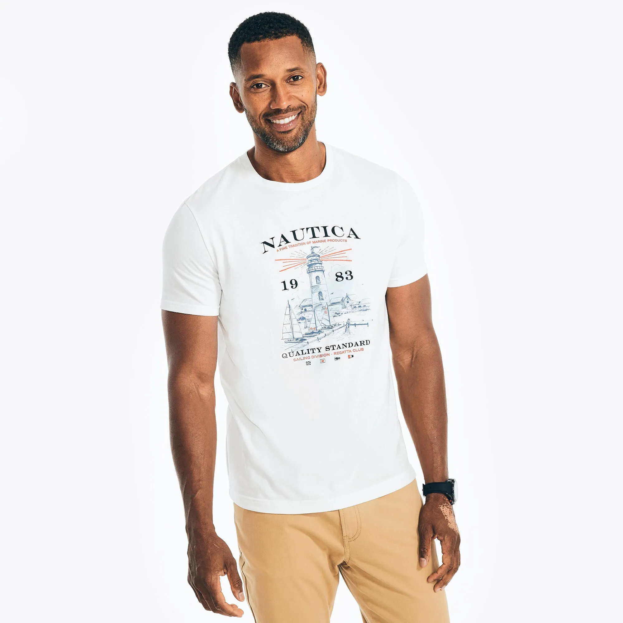Nautica Men's Sustainably Crafted Lighthouse Graphic T-Shirt Bright White Nautica