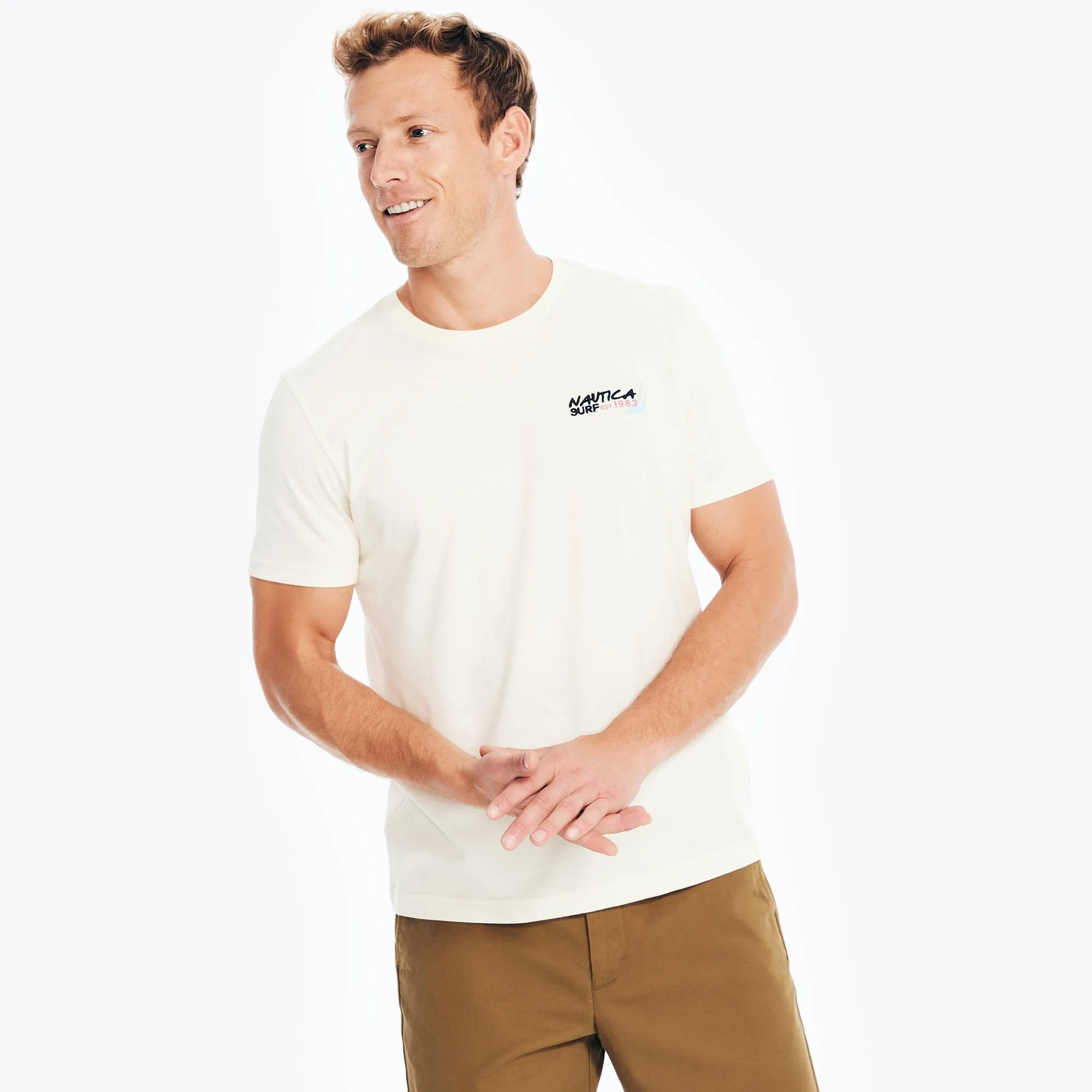 Nautica Men's Sustainably Crafted Surfing Club Graphic T-Shirt Sail Cream Nautica