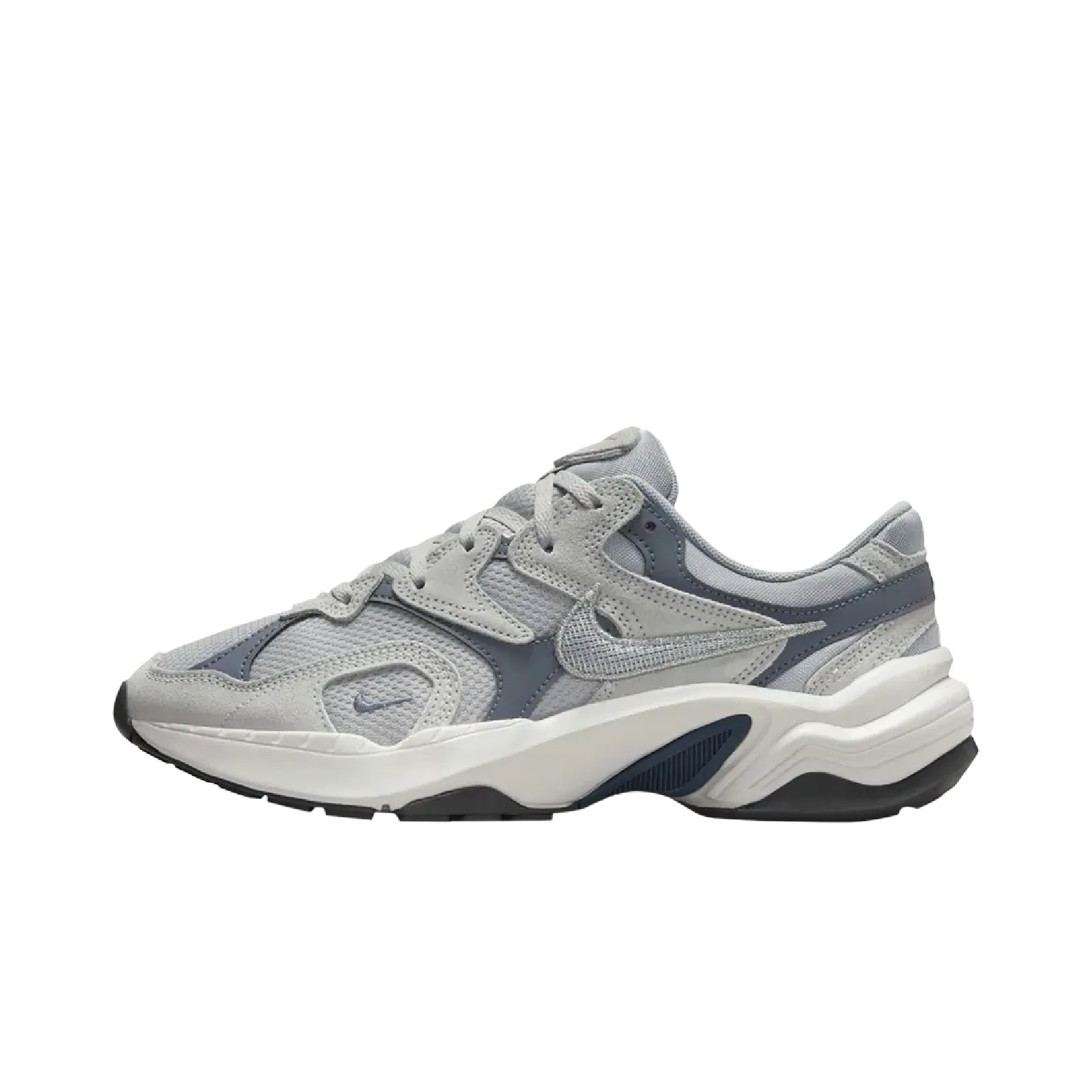 Nike AL8 Wolf Grey Light Carbon Platinum Tint Metallic Silver (Women's) Nike sporty look with timeless feel