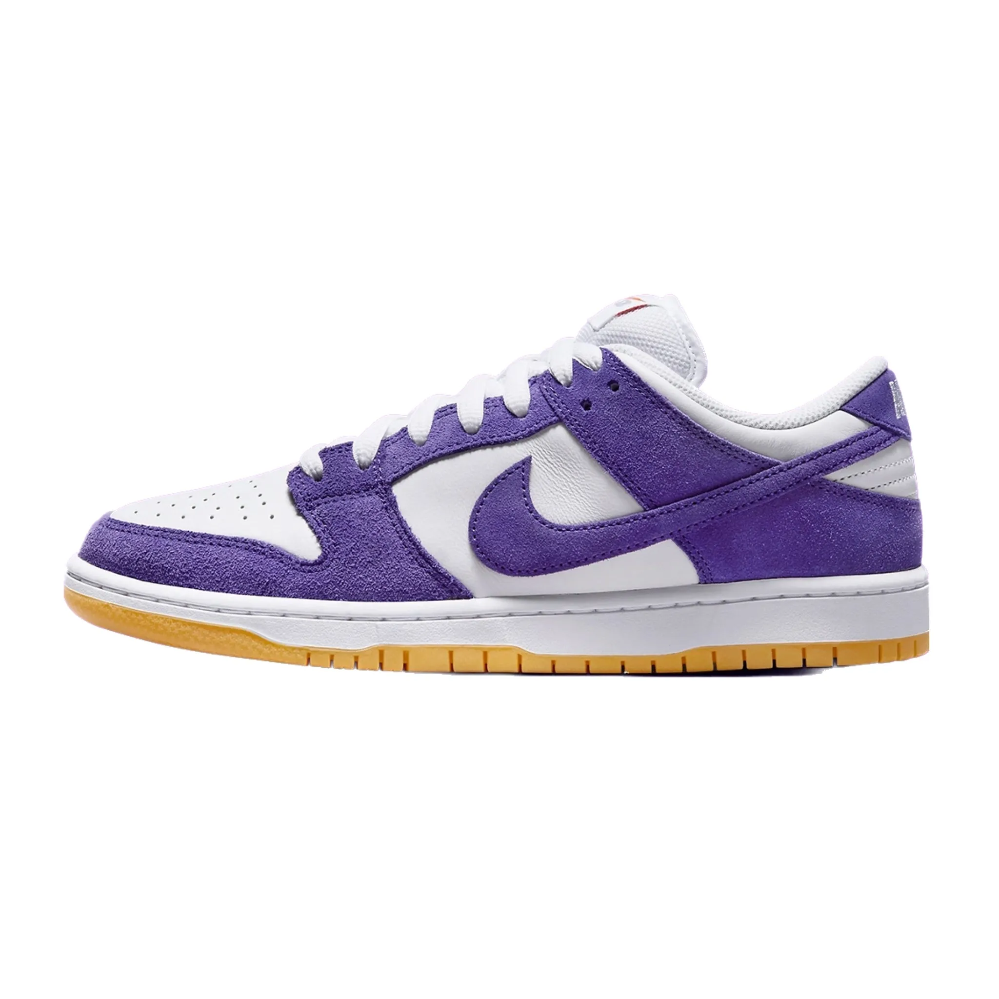 Nike SB Dunk Low Pro ISO Orange Label Court Purple White Gum Light Brown Nike Dunk sneakers with classic silhouette