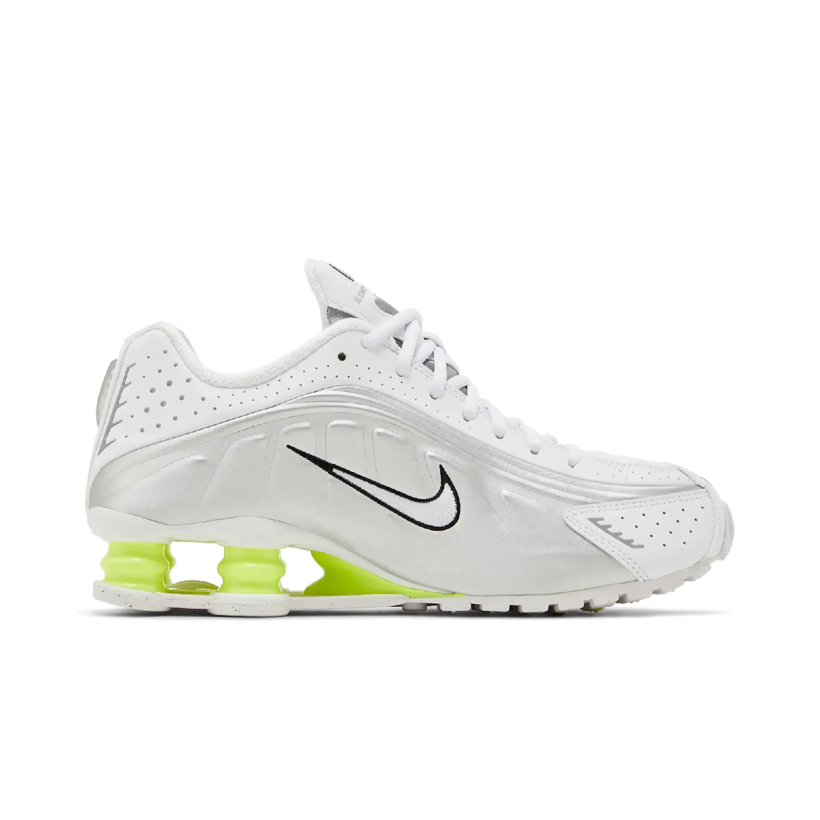 Nike Shox R4 White Metallic Silver Volt (Women's) Nike Timeless Athletic Sneakers