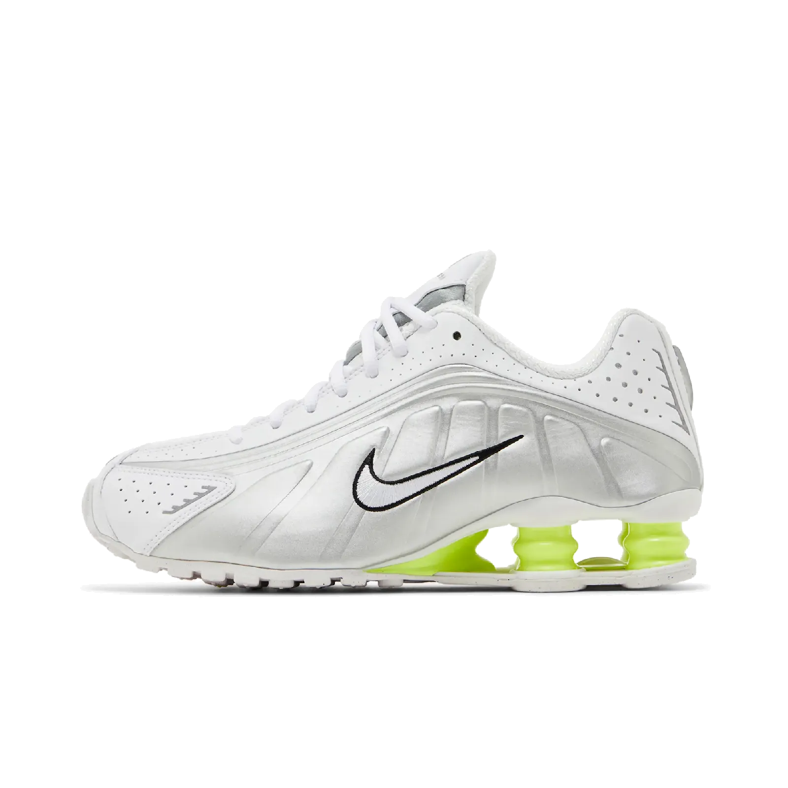 Nike Shox R4 White Metallic Silver Volt (Women's) Nike sporty look with timeless feel