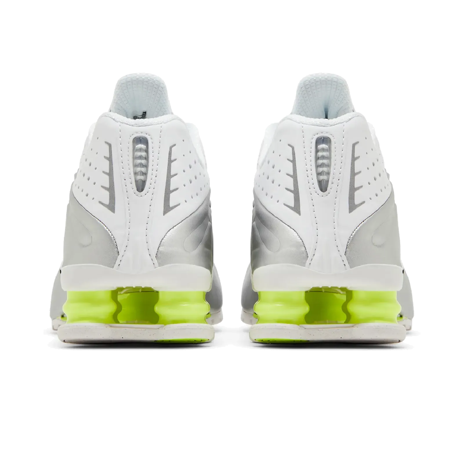 Nike Shox R4 White Metallic Silver Volt (Women's) Nike Timeless Athletic Sneakers