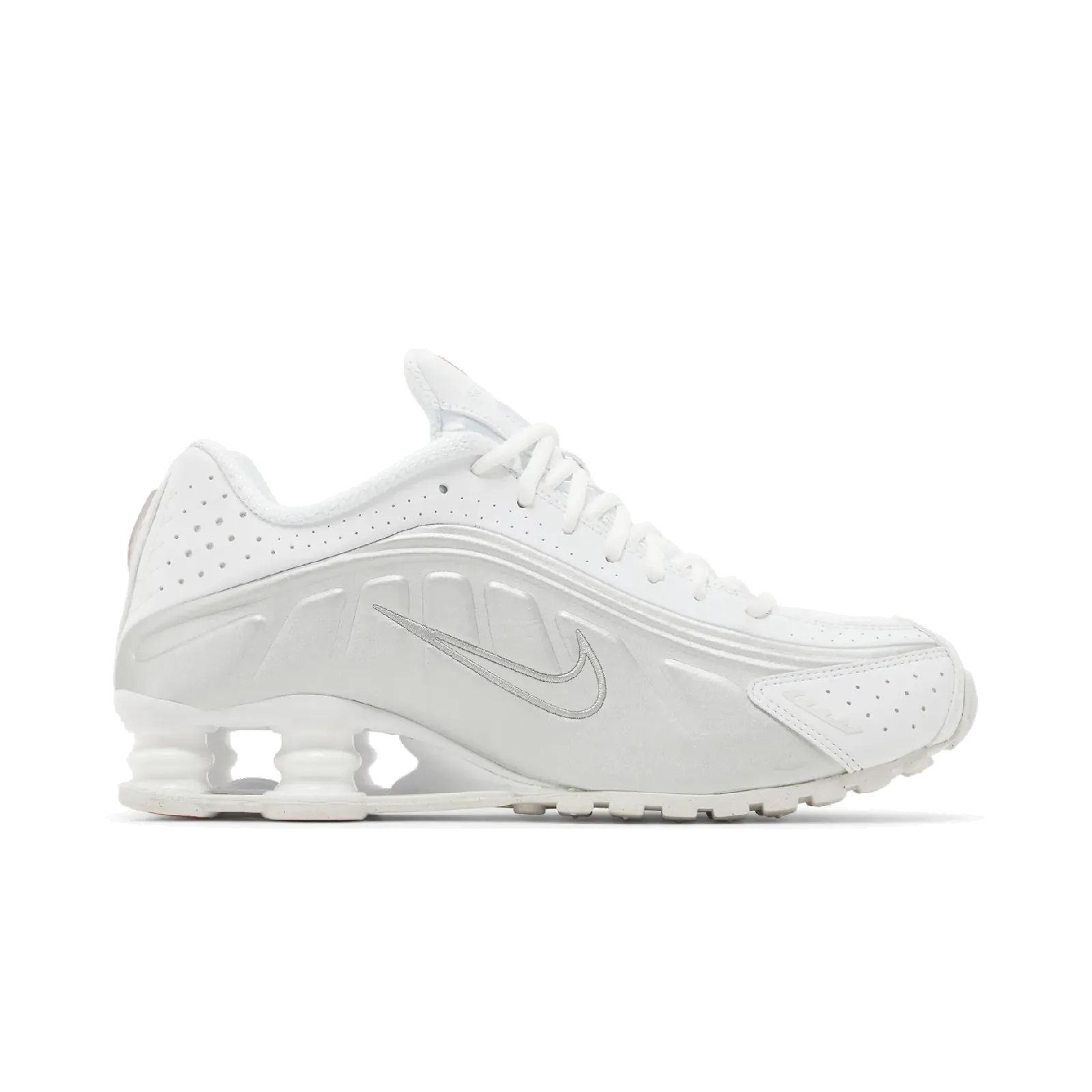 Nike Shox R4 White Metallic Silver (Women's) Nike Timeless Athletic Sneakers