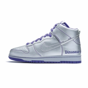 Nike SB Dunk High Dinosaur Jr. Metallic Silver Nike Dunk sneakers with classic silhouette
