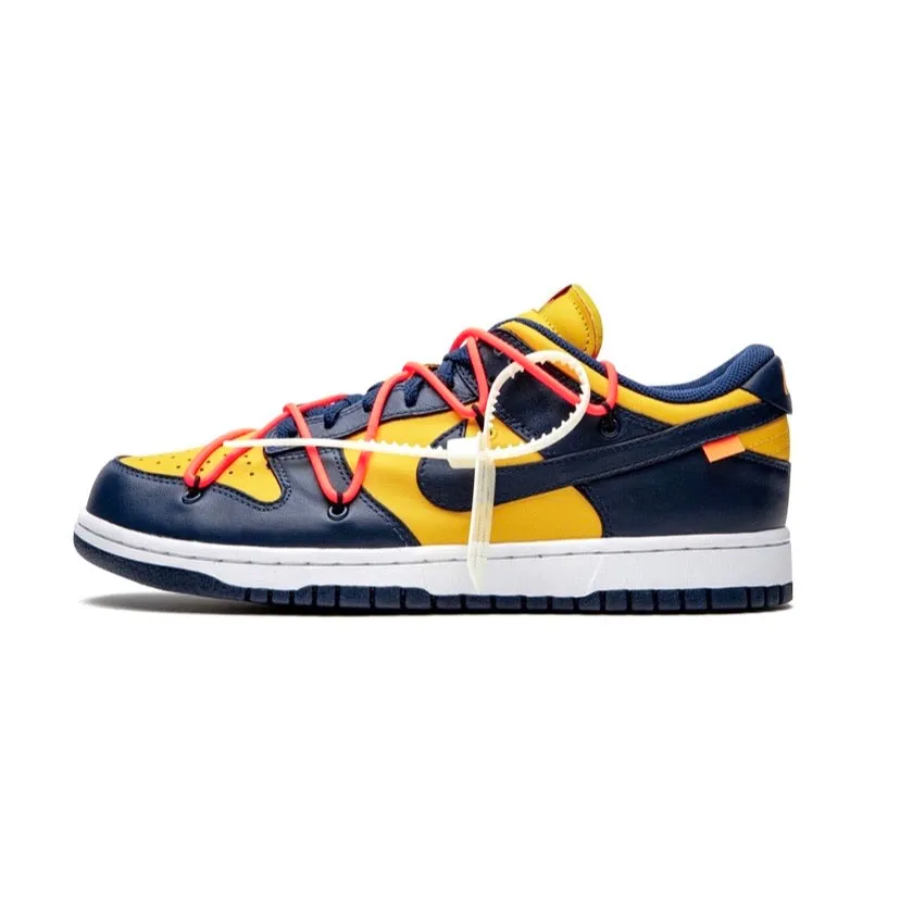 Off White x Nike Dunk Low Leather University Gold MIdnight Navy Michigan Nike Dunk sneakers with classic silhouette