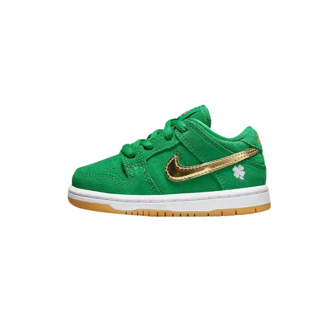 Toddler Nike SB Dunk Low TD St Patrick's Day (TD) Lucky Green Metallic Gold Nike Dunk sneakers with classic silhouette