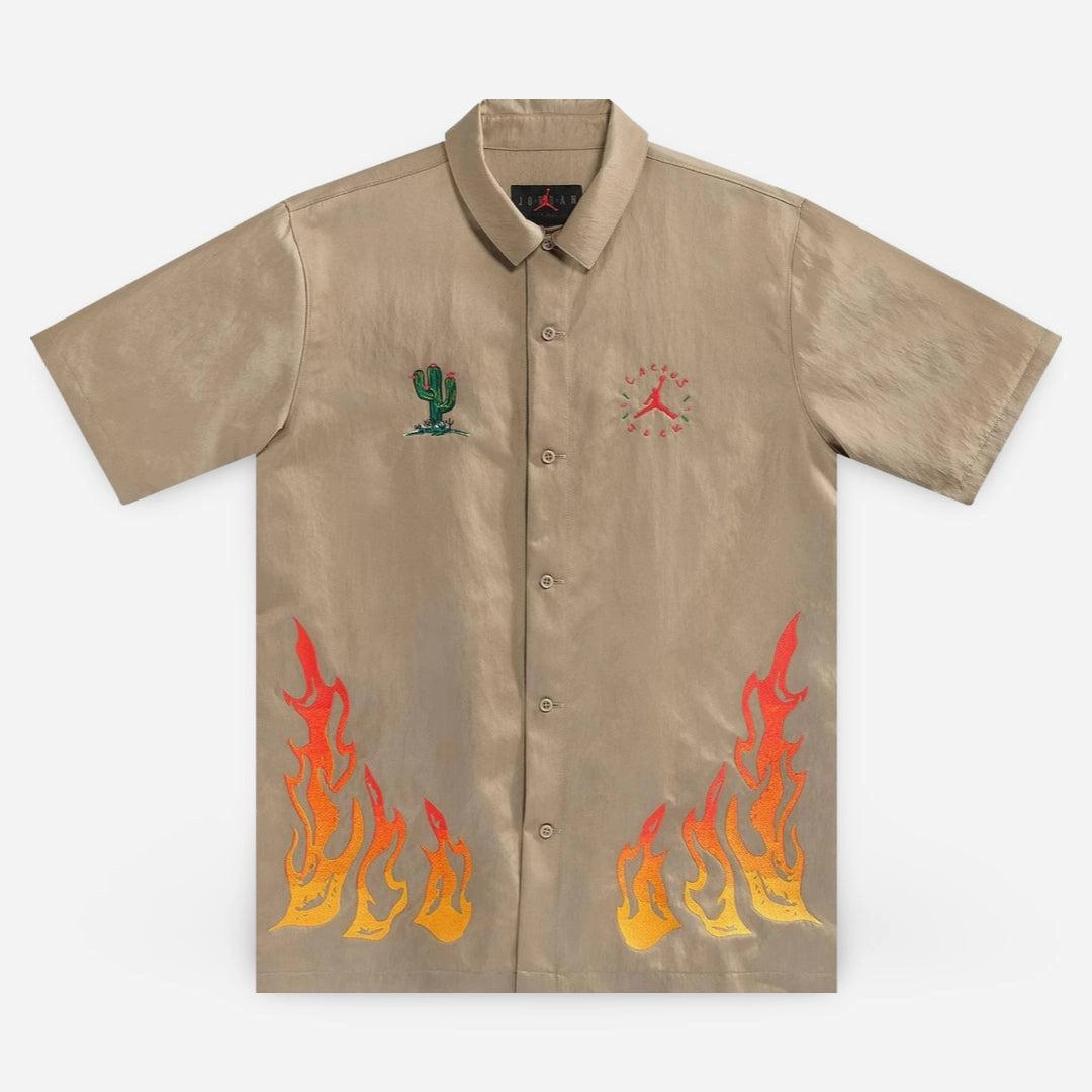 Travis Scott x Air Jordan Button Down Shirt 'Cactus Jack Flame' Khaki (SS21) CW3128-247