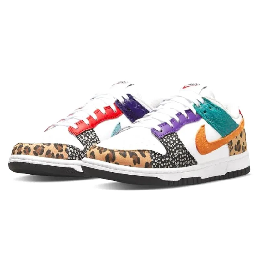 Women's Dunk Low SE Safari Animal Print White Light Curry Washed Teal Iconic Sneakers