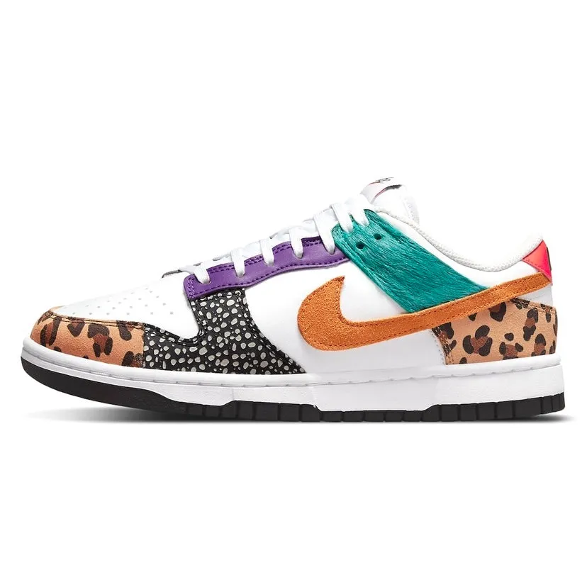 Women's Dunk Low SE Safari Animal Print White Light Curry Washed Teal Nike Dunk sneakers with classic silhouette
